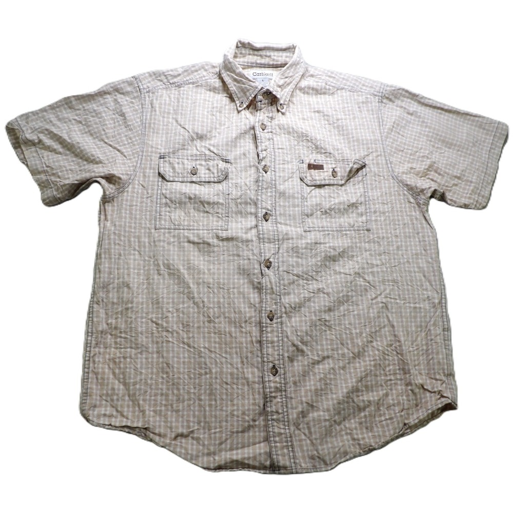 Carhartt Plaid Short Sleeves Button Down Shirt Men Large Beige Check Work Casual